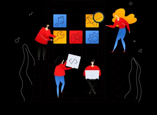 Illustration of mobile phone with colorful app icons and people on ladders building the interface