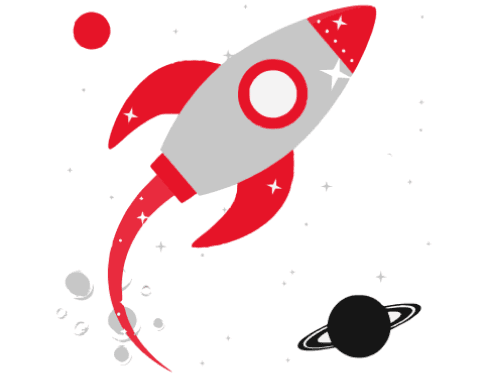 Illustration of a red and grey rocket flying in space surrounded by planets, representing a startup MVP launch.
